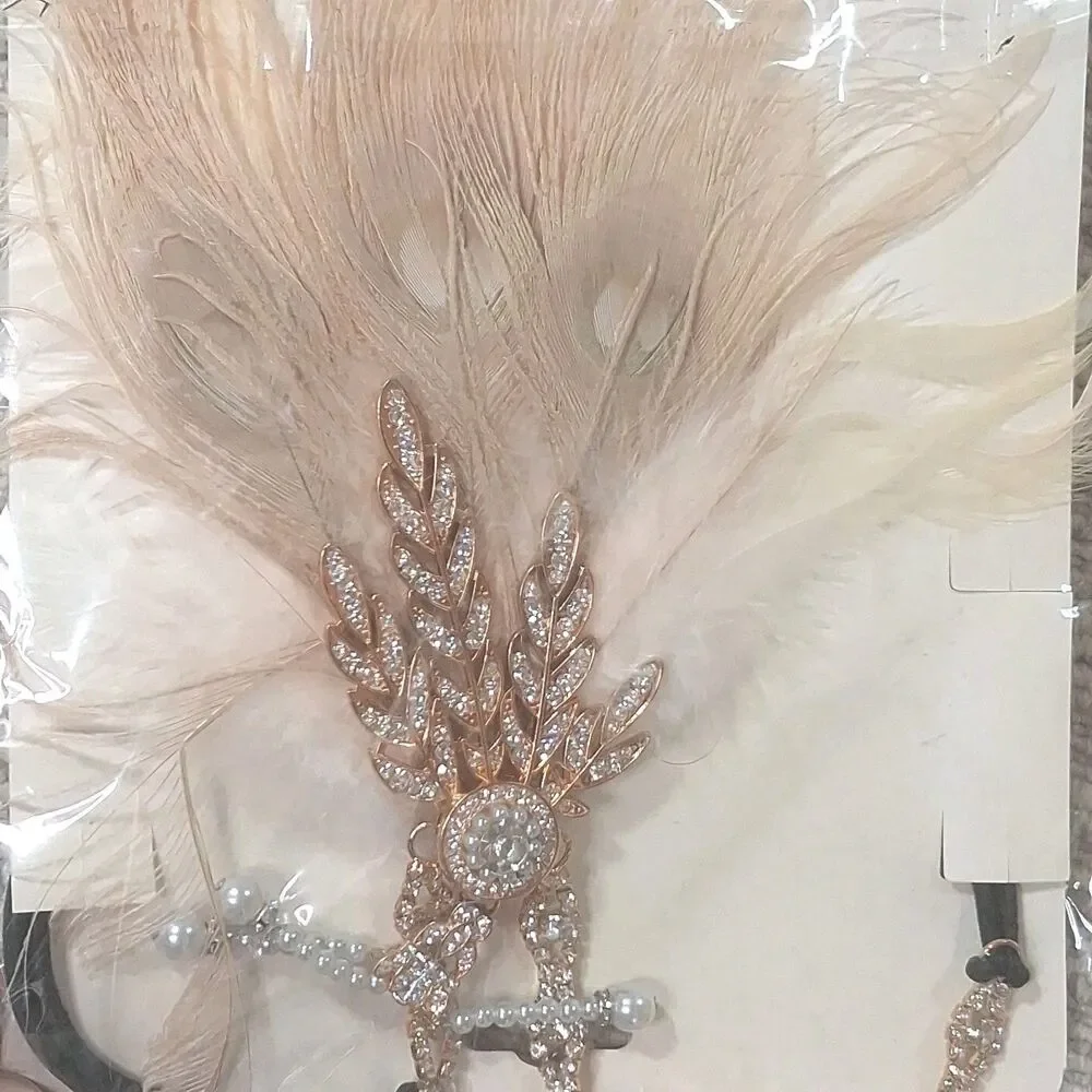 1920s Flapper Headband Gatsby Rhinestone Feather Costume Hair Accessory